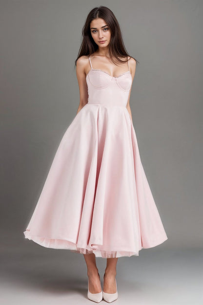 Satin Midi Dress with Corset Bodice | Fit-and-Flare Design | Elegant Evening Wear