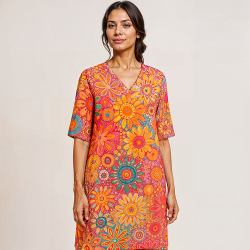 Vibrant Floral Tunic Dress | Lightweight Cotton Blend | Boho Style | Everyday Comfort