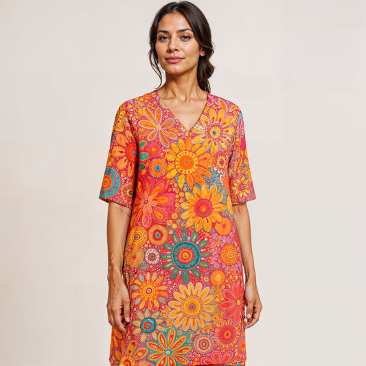 Vibrant Floral Tunic Dress | Lightweight Cotton Blend | Boho Style | Everyday Comfort