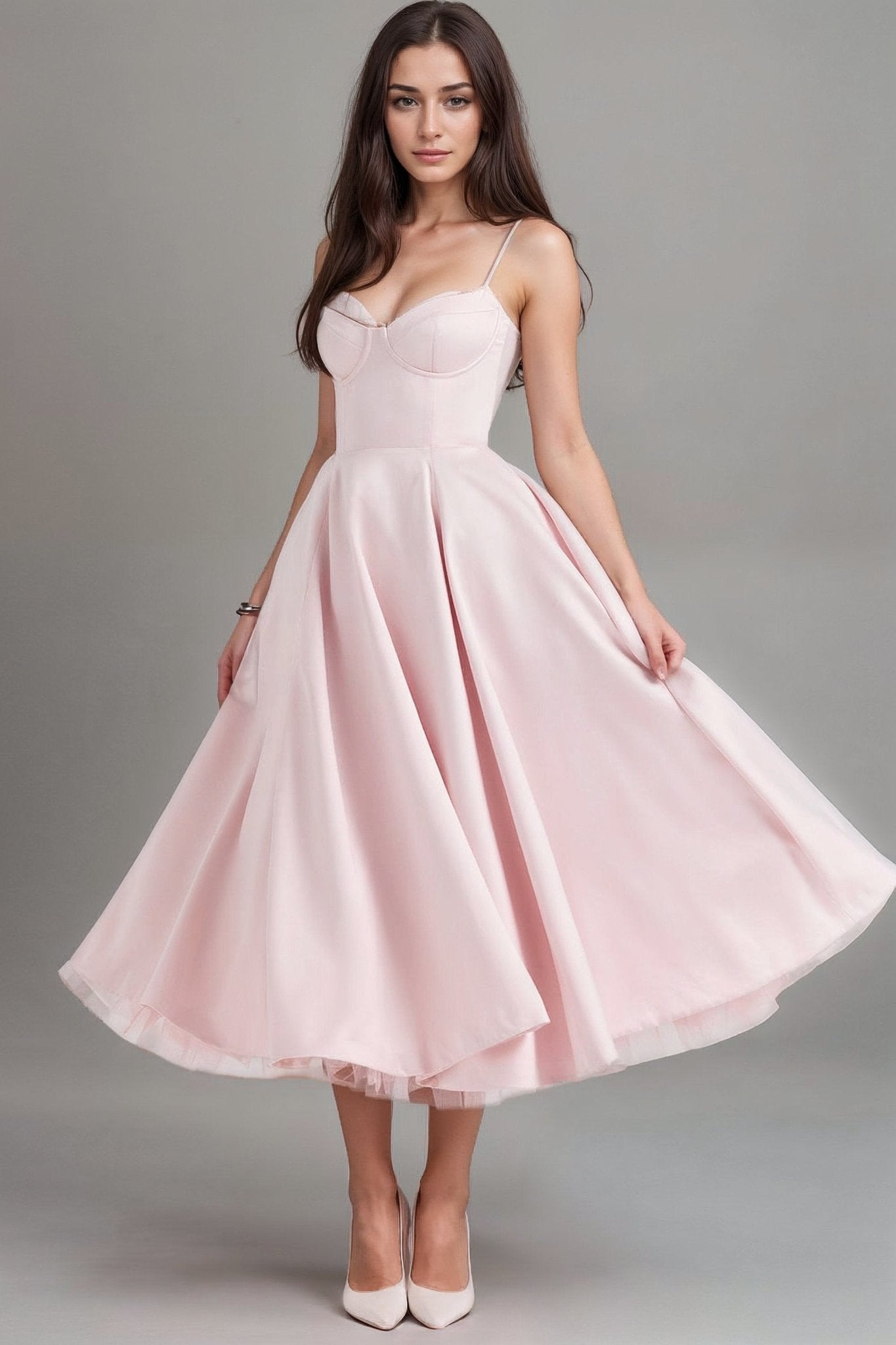 Satin Midi Dress with Corset Bodice | Fit-and-Flare Design | Elegant Evening Wear