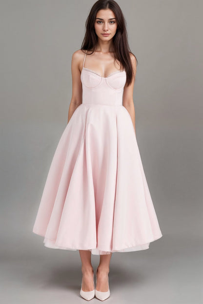 Satin Midi Dress with Corset Bodice | Fit-and-Flare Design | Elegant Evening Wear