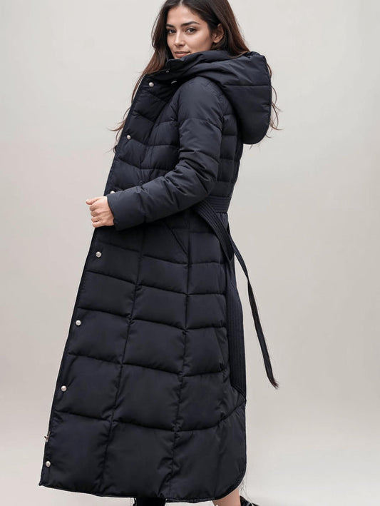 Long Belted Puffer Coat | Faux Fur Trimmed Hood | Ultra-Warm Insulation | Winter Chic