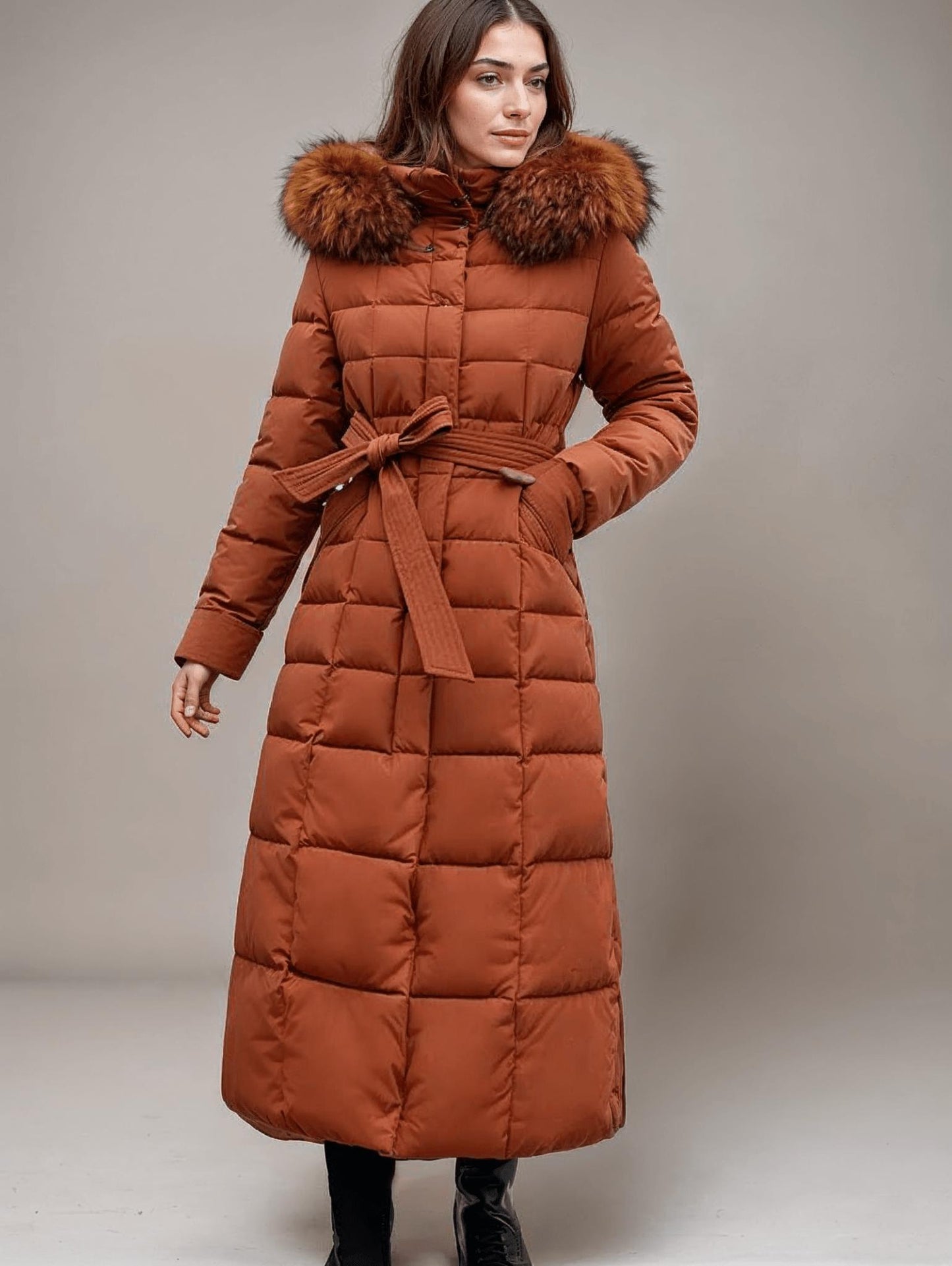 Long Belted Puffer Coat | Faux Fur Trimmed Hood | Ultra-Warm Insulation | Winter Chic