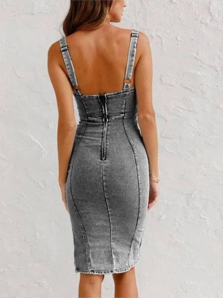 Denim Bodycon Midi Dress | Sweetheart Neckline | Front Slit Detail