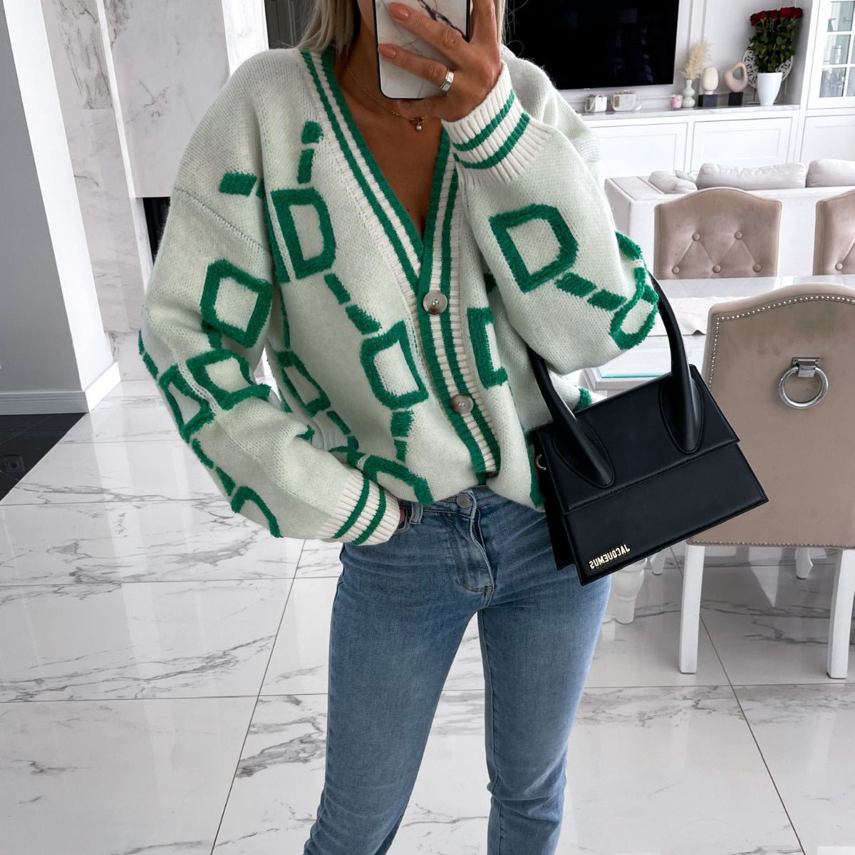 Oversized Graphic Cardigan | Bold Geometric Print | Soft Knit Fabric | Casual Chic