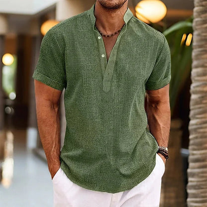 Men’s Linen-Blend Split Neck Shirt | Short Sleeve Resort Top | Lightweight Summer Essential