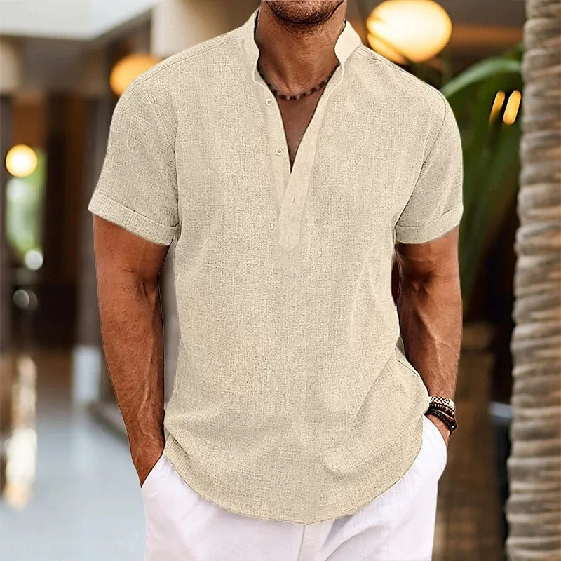 Men’s Linen-Blend Split Neck Shirt | Short Sleeve Resort Top | Lightweight Summer Essential