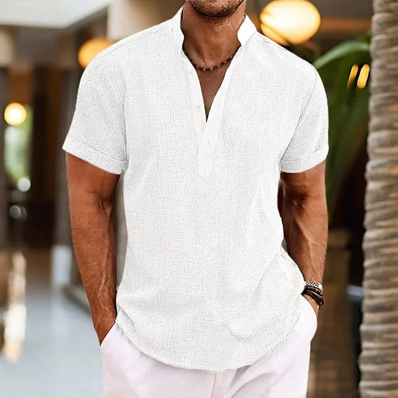 Men’s Linen-Blend Split Neck Shirt | Short Sleeve Resort Top | Lightweight Summer Essential