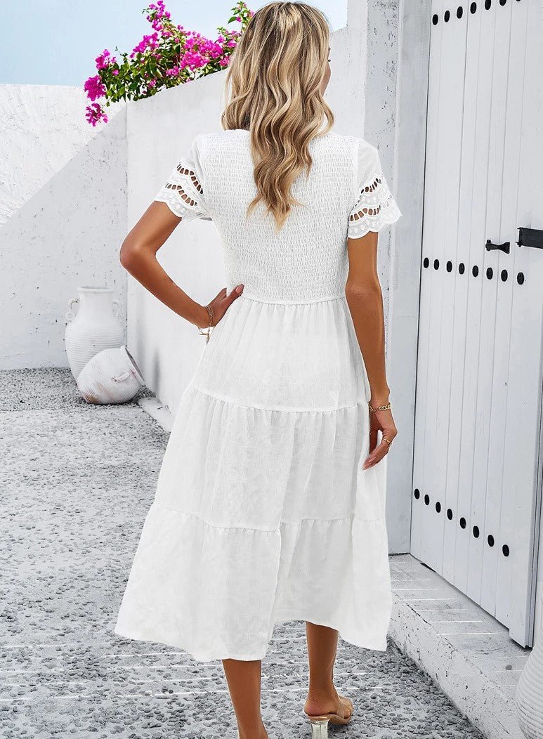 Tiered Midi Dress | Smocked Bodice | Short Sleeve Flowy Fit