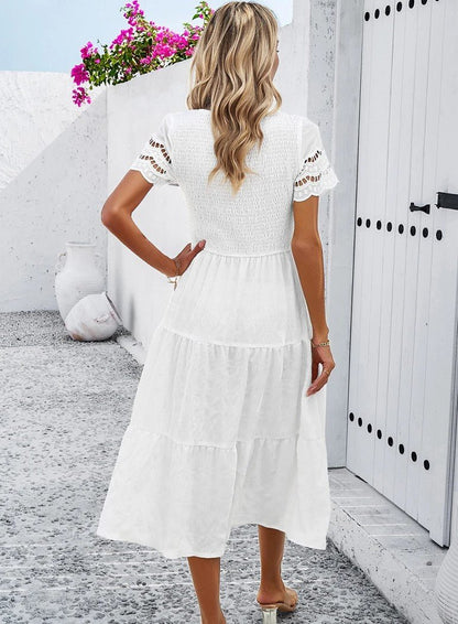 Tiered Midi Dress | Smocked Bodice | Short Sleeve Flowy Fit