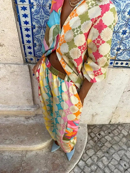 Pastel Harlequin Co-ord Set & Maxi Dress | Light Satin Feel | Geometric Boho Luxe