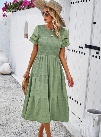 Tiered Midi Dress | Smocked Bodice | Short Sleeve Flowy Fit