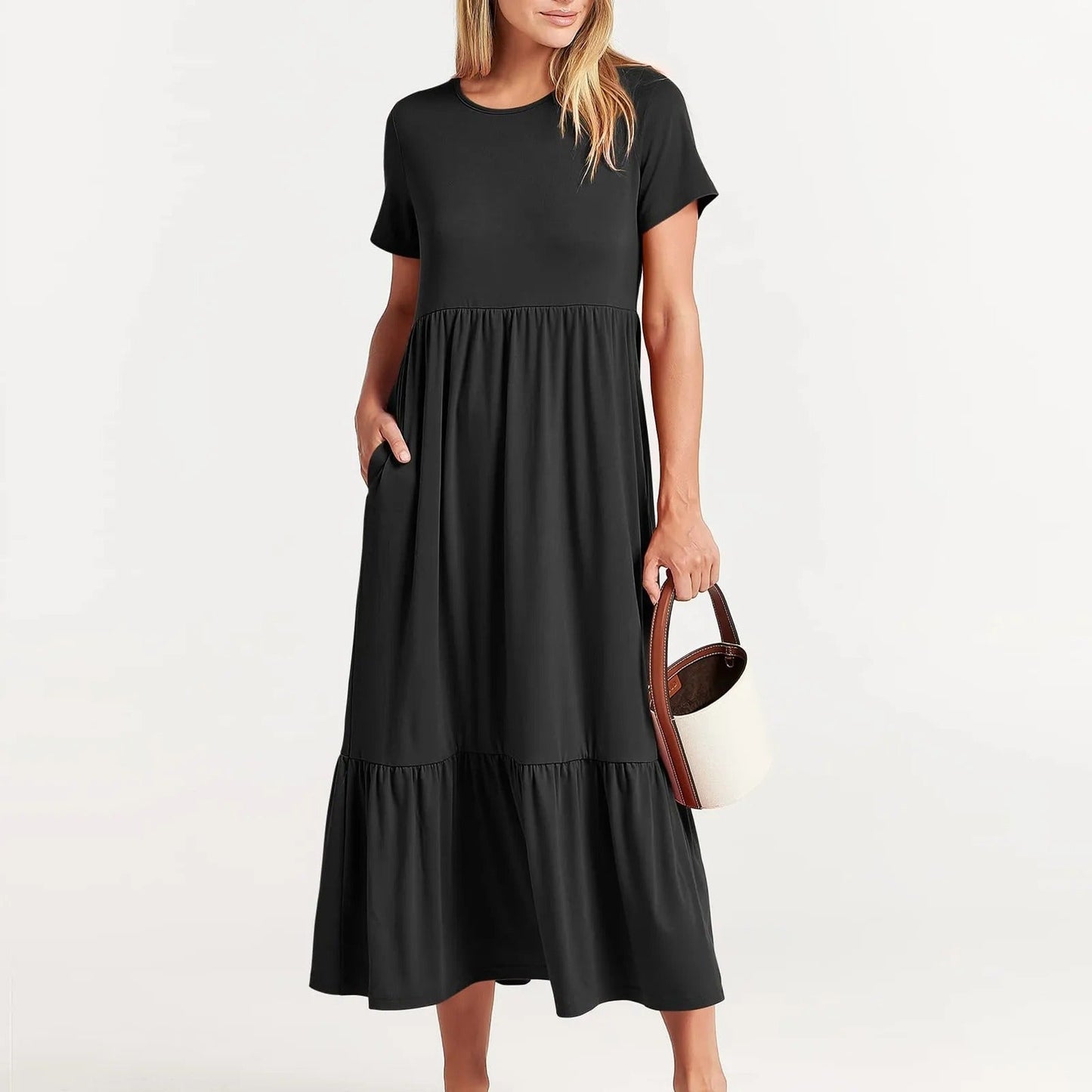 Women's Tiered Midi Dress | Short Sleeve Casual Flowy Dress | Everyday Summer Outfit