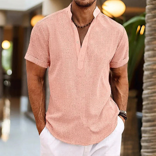 Men’s Linen-Blend Split Neck Shirt | Short Sleeve Resort Top | Lightweight Summer Essential