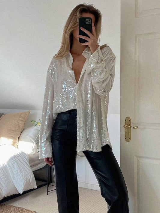 Women's Sequin Button-Up Blouse | Oversized Fit with Sheer Shine | Partywear Top for Layering