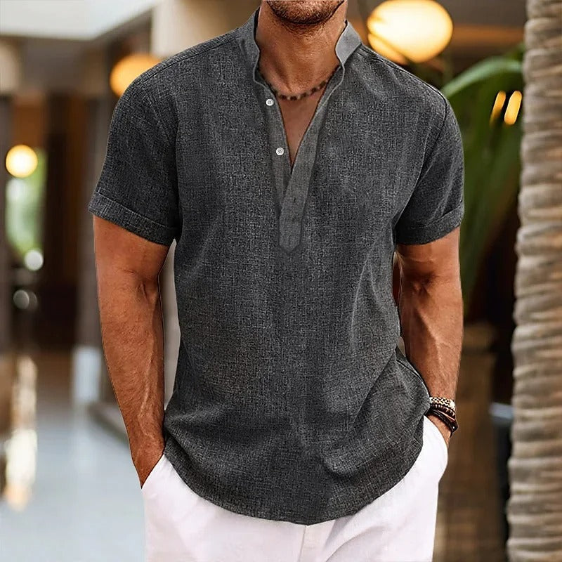 Men’s Linen-Blend Split Neck Shirt | Short Sleeve Resort Top | Lightweight Summer Essential