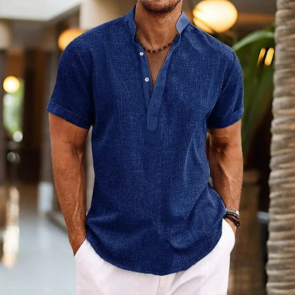 Men’s Linen-Blend Split Neck Shirt | Short Sleeve Resort Top | Lightweight Summer Essential