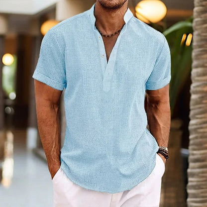 Men’s Linen-Blend Split Neck Shirt | Short Sleeve Resort Top | Lightweight Summer Essential
