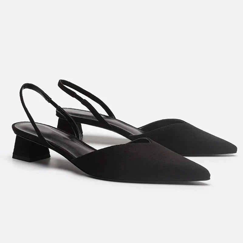 Slingback Heels | Pointed Toe Low Block Heel | Sleek Faux Leather Finish