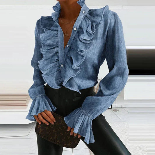 Ruffled Pleated Blouse | Statement Collar & Cuffs | Elegant Textured Long Sleeve Top