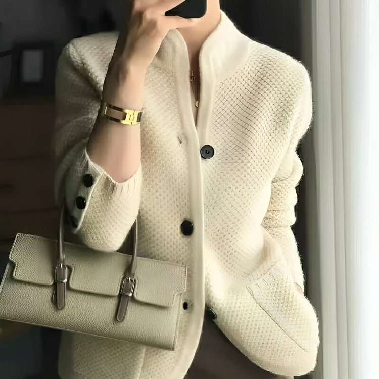 Textured Knit Jacket | Stand Collar & Button Cuffs | Transitional Outerwear
