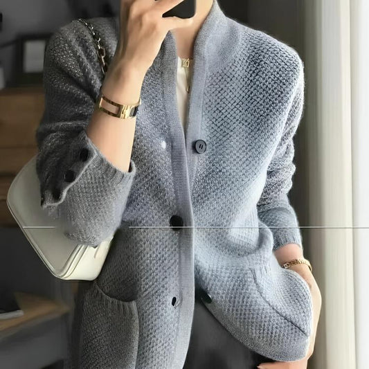 Textured Knit Jacket | Stand Collar & Button Cuffs | Transitional Outerwear