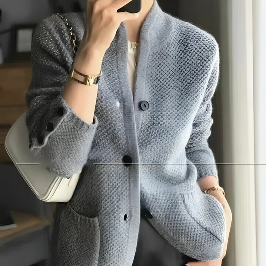 Textured Knit Jacket | Stand Collar & Button Cuffs | Transitional Outerwear