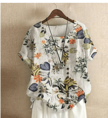 Floral Linen-Blend Short Sleeve Blouse | Casual Summer Top with Side Buttons