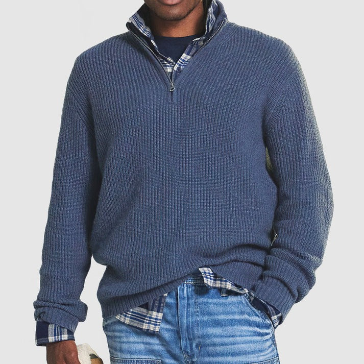 Men’s Quarter-Zip Knit Sweater | Midweight Pullover for Layering | Classic Blue