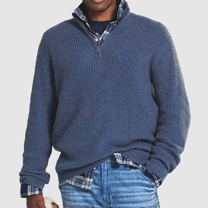 Men’s Quarter-Zip Knit Sweater | Midweight Pullover for Layering | Classic Blue