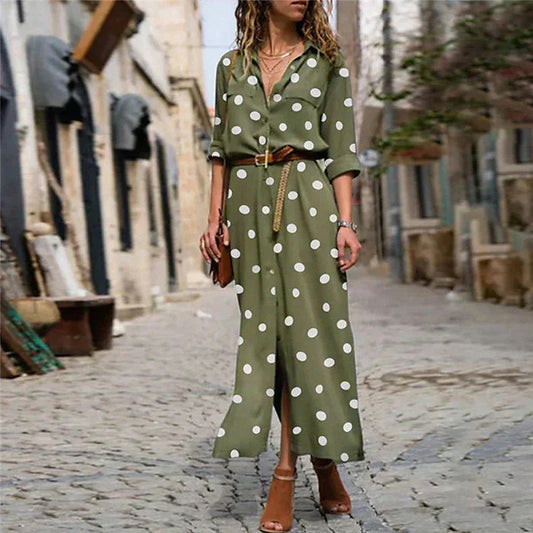Polka Dot Shirt Dress | Belted Waist | Collared Button-Front Midi Style