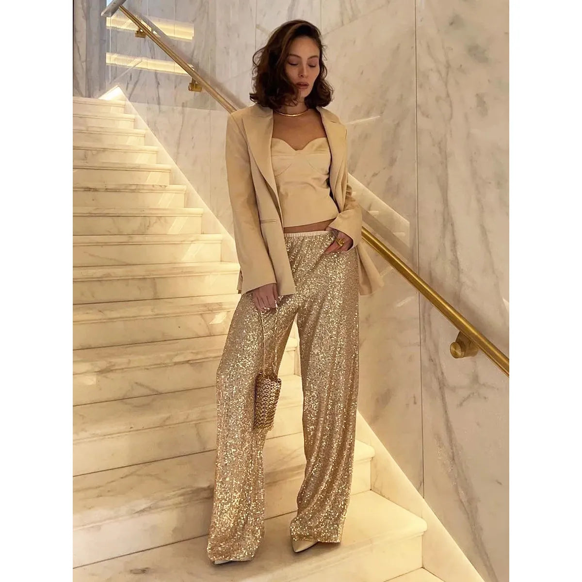 Sequin Wide-Leg Pants | High-Waisted Glam Fit | Evening Party Trousers