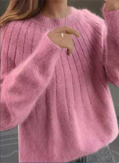 Fuzzy Ribbed Knit Sweater | Crew Neck | Soft Relaxed Fit Pullover