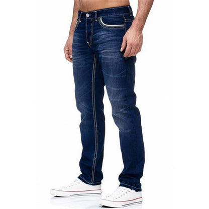 Men’s Distressed Slim Fit Jeans | Classic 5-Pocket Denim | Mid-Wash Blue
