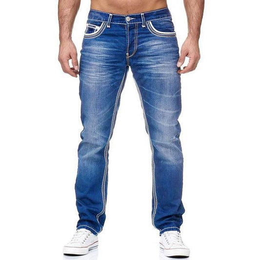 Men’s Distressed Slim Fit Jeans | Classic 5-Pocket Denim | Mid-Wash Blue