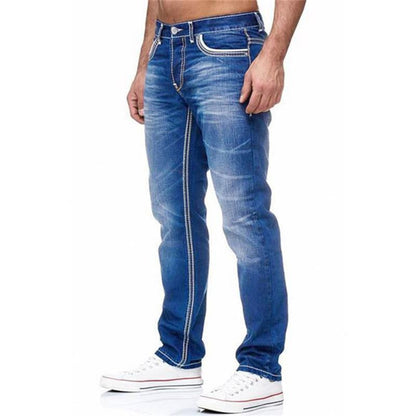 Men’s Distressed Slim Fit Jeans | Classic 5-Pocket Denim | Mid-Wash Blue