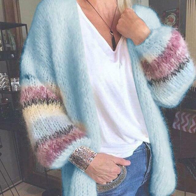 Colour-Block Fuzzy Cardigan | Soft Open-Front Design | Striped Balloon Sleeves | Cozy Chic