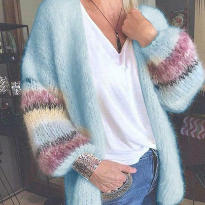 Colour-Block Fuzzy Cardigan | Soft Open-Front Design | Striped Balloon Sleeves | Cozy Chic