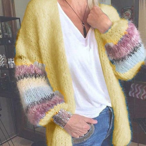 Colour-Block Fuzzy Cardigan | Soft Open-Front Design | Striped Balloon Sleeves | Cozy Chic