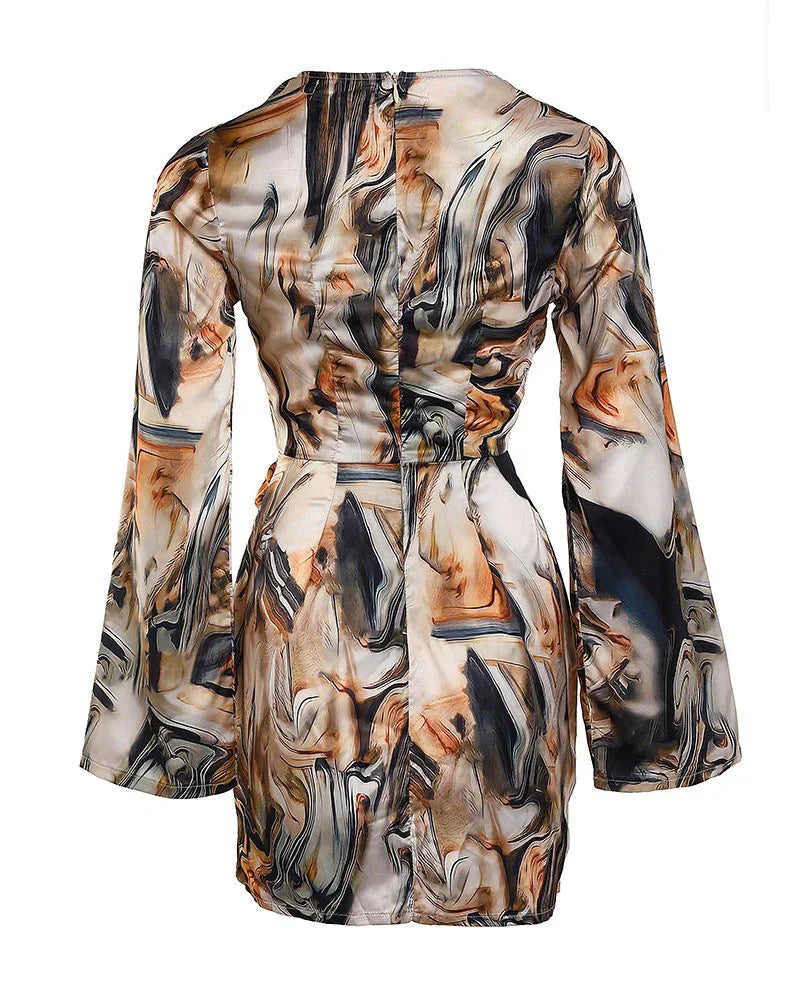 Satin Wrap Dress | Abstract Print with Long Sleeves & Side Tie | Elegant Evening Silhouette