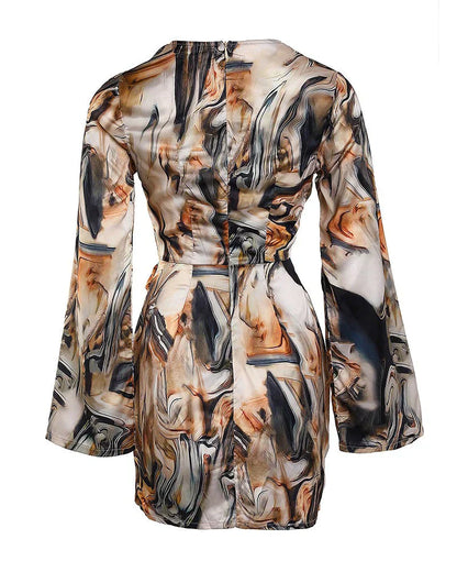 Satin Wrap Dress | Abstract Print with Long Sleeves & Side Tie | Elegant Evening Silhouette