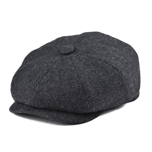 Men’s Wool-Blend Newsboy Cap | Classic Herringbone Flat Cap | Vintage 8-Panel Hat