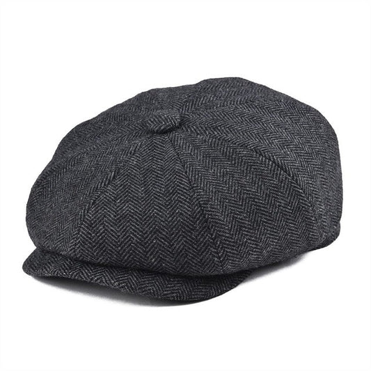 Men’s Wool-Blend Newsboy Cap | Classic Herringbone Flat Cap | Vintage 8-Panel Hat