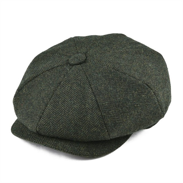 Men’s Wool-Blend Newsboy Cap | Classic Herringbone Flat Cap | Vintage 8-Panel Hat