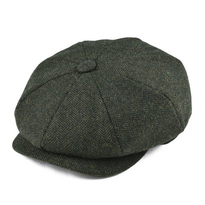 Men’s Wool-Blend Newsboy Cap | Classic Herringbone Flat Cap | Vintage 8-Panel Hat