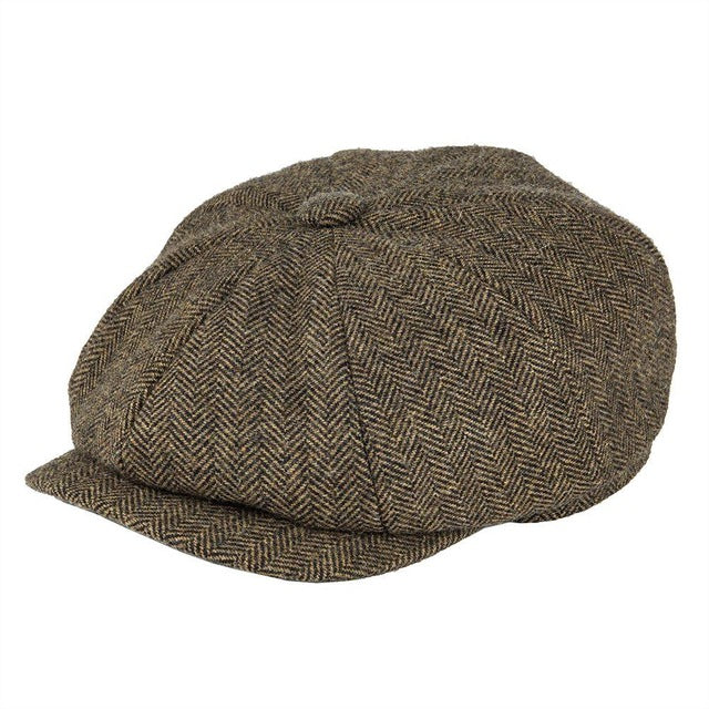Men’s Wool-Blend Newsboy Cap | Classic Herringbone Flat Cap | Vintage 8-Panel Hat