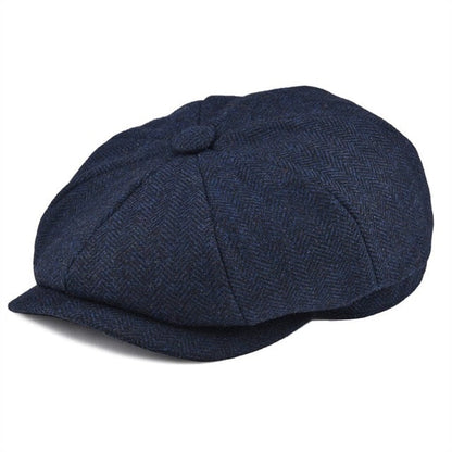 Men’s Wool-Blend Newsboy Cap | Classic Herringbone Flat Cap | Vintage 8-Panel Hat