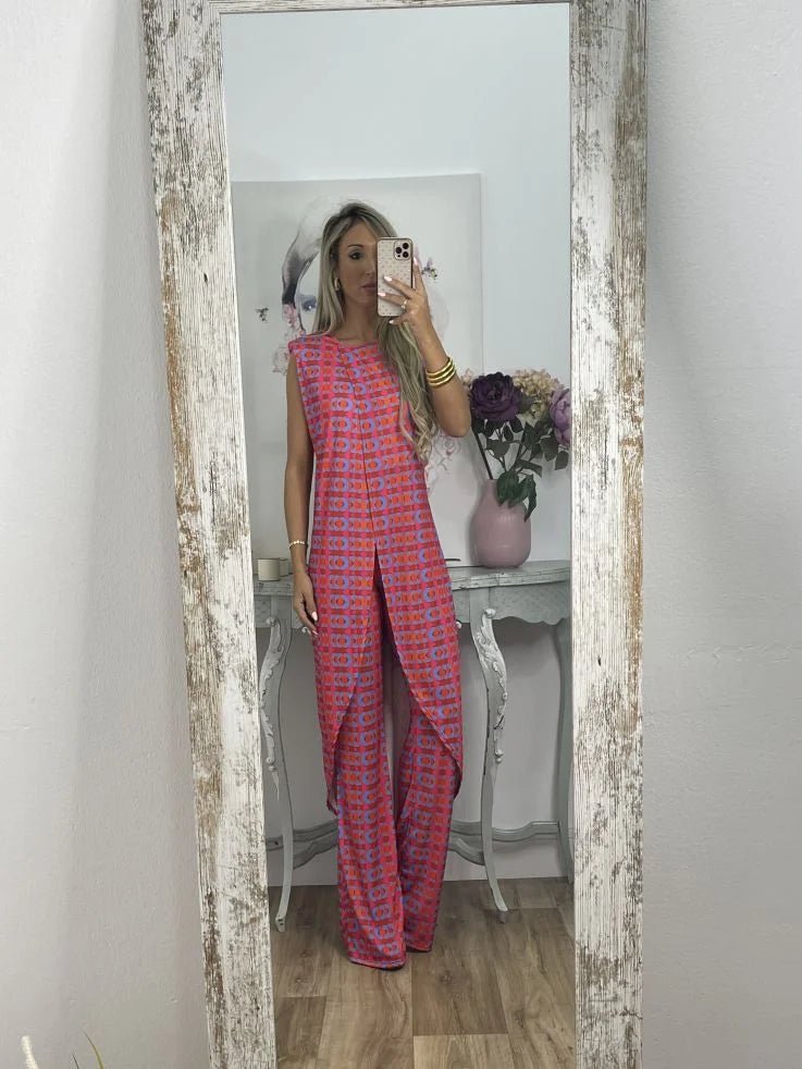 Satin Wide-Leg Jumpsuit | Sleeveless Geometric Print | Statement One-Piece