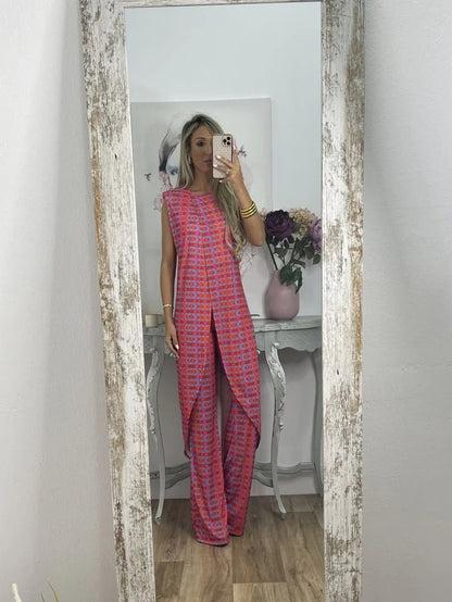 Satin Wide-Leg Jumpsuit | Sleeveless Geometric Print | Statement One-Piece