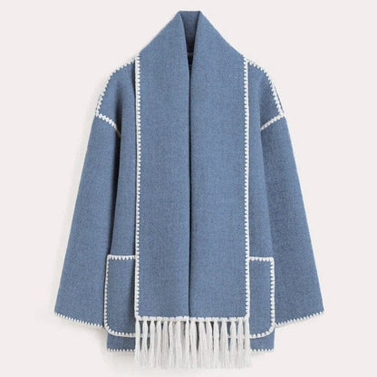 Draped Wool-Blend Coat with Scarf Detail | Oversized Fit | Fringe Hem | Modern Elegance